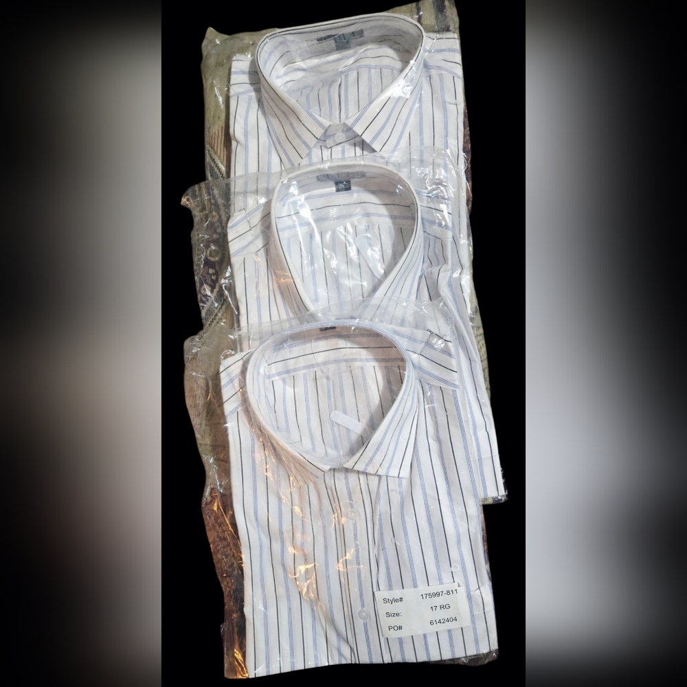 Fourmy By Cintas 3-BUNDLE. White, Blue Stripes Uniform Shirts. Short Sleeves 17R